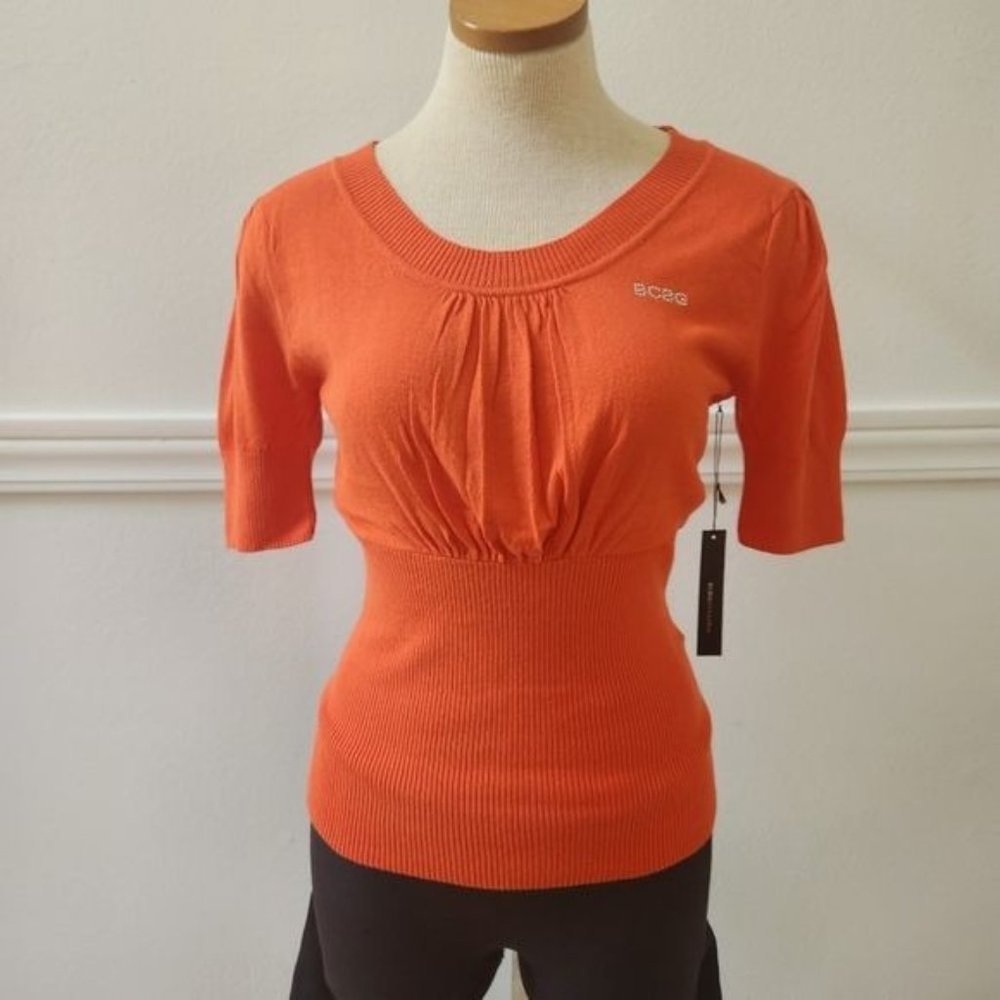 BCBGMaxAzri Orange Knit Short Sleeve Top Scoop Neck Cotton Stretch Women Medium - Picture 1 of 11